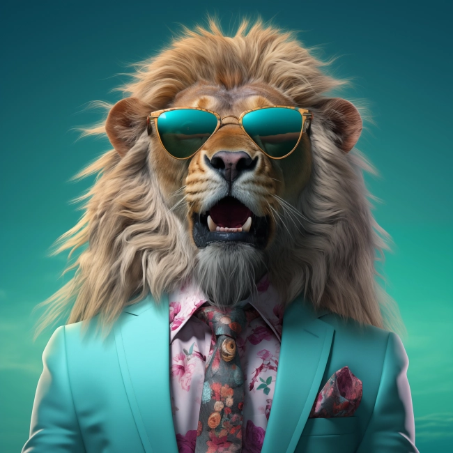 A portrait of a lion dressed in a plaid suit, wearing sunglasses, on a smooth turquise background