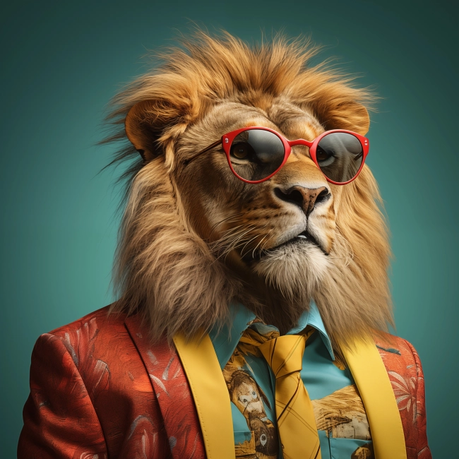 A portrait of a lion dressed in a plaid suit, wearing sunglasses, on a smooth mynth background