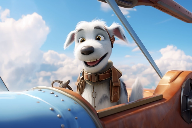 smiling a dog flying a plane, pilot in a helmet