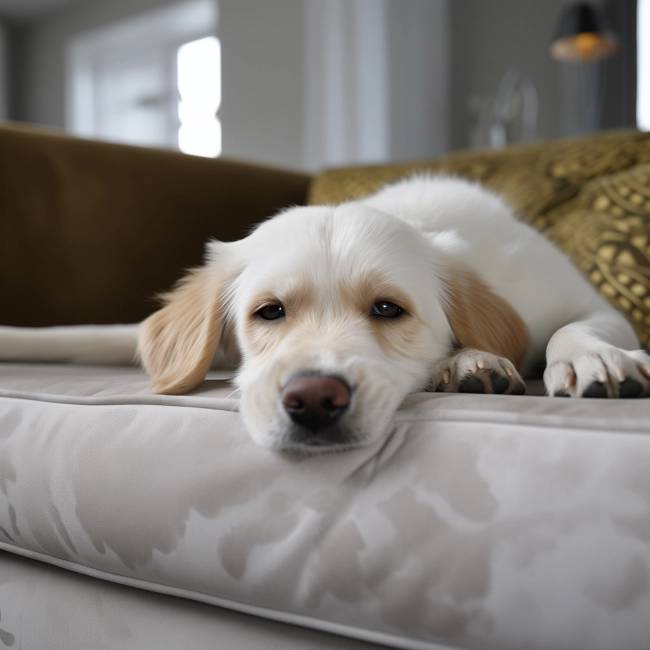 Closeup photo of a dog lying down on white sofa