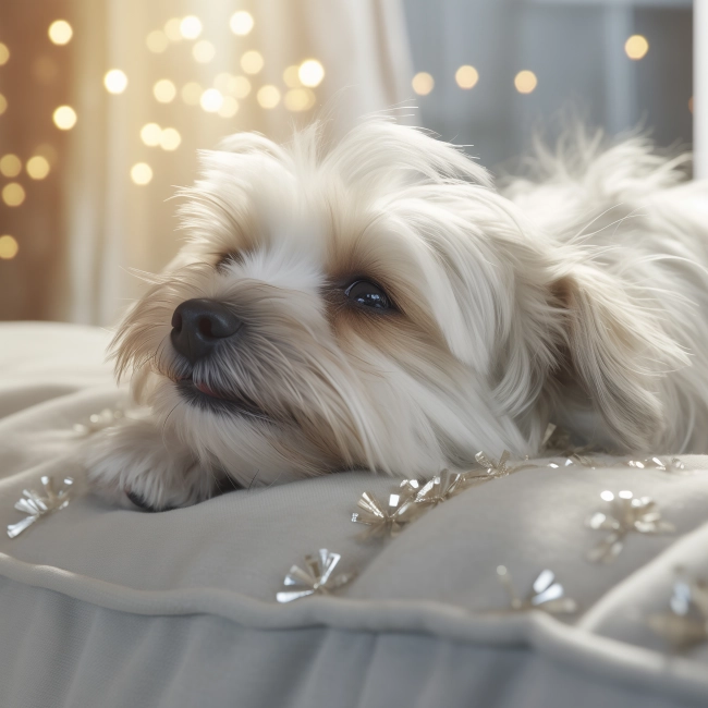 Portrait of a dog lying down on white sofa