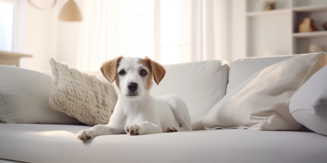 Portrait of a dog lying down on white sofa