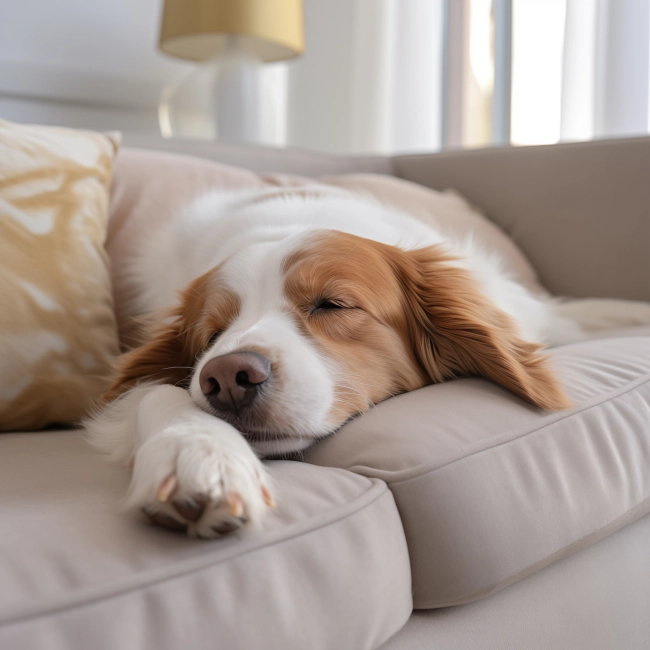 A cute dog sleeping on white sofa