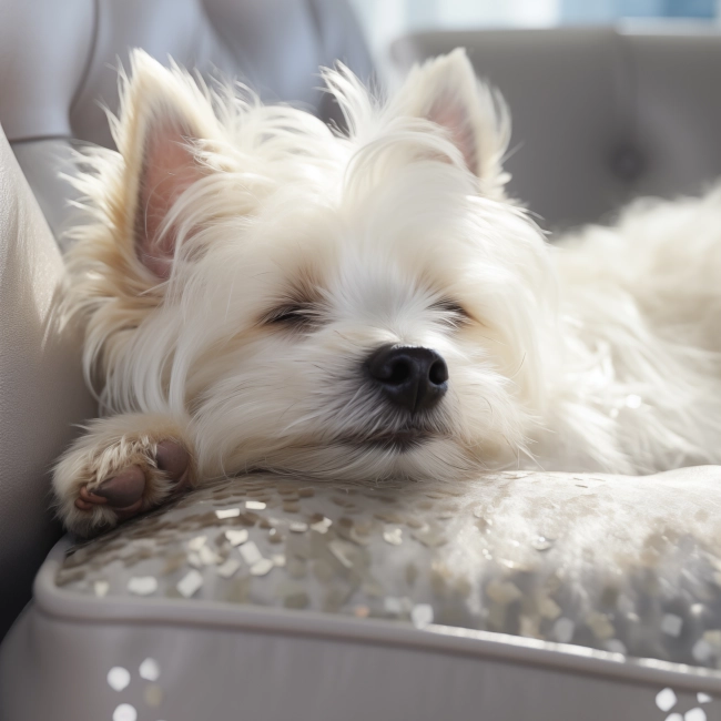 A cute dog sleeping on white sofa