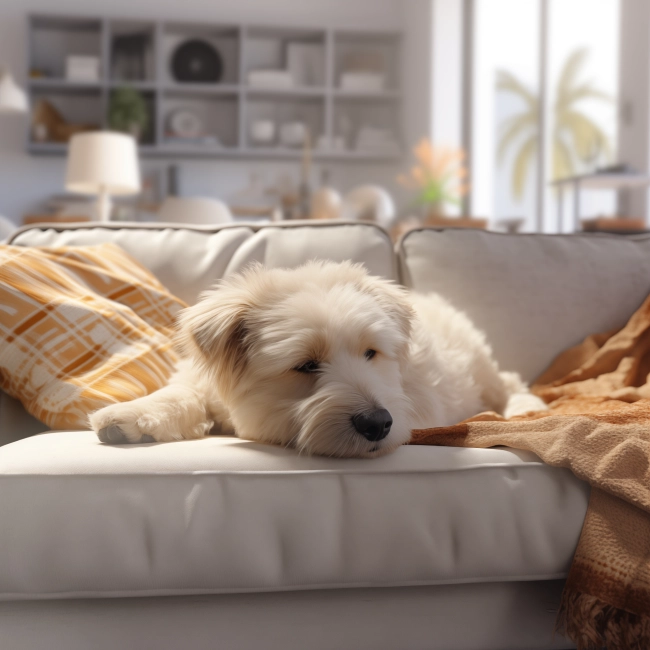 Closeup photo of a dog lying down on white sofa