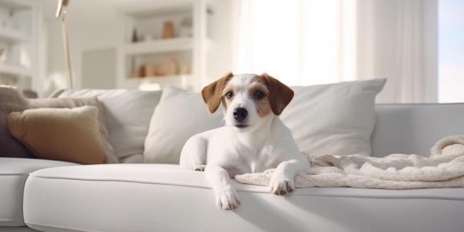 Closeup photo of a cute dog lying on lounge sofa, landscape