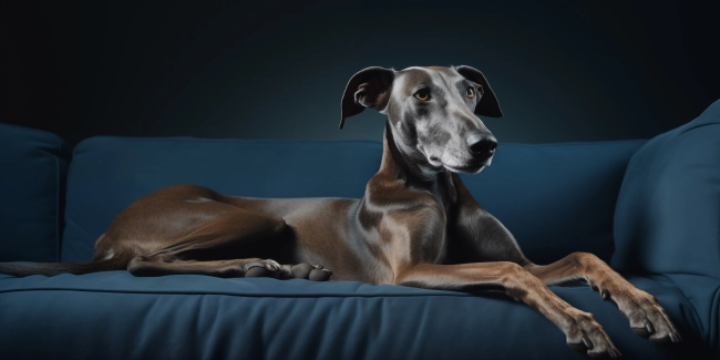 Purebred dog  is resting on a dark velvet sofa