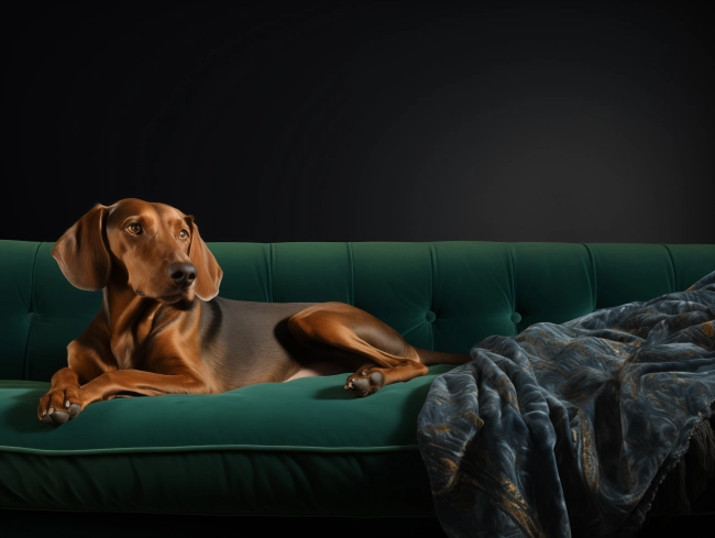 Vizsla dog is resting on a white