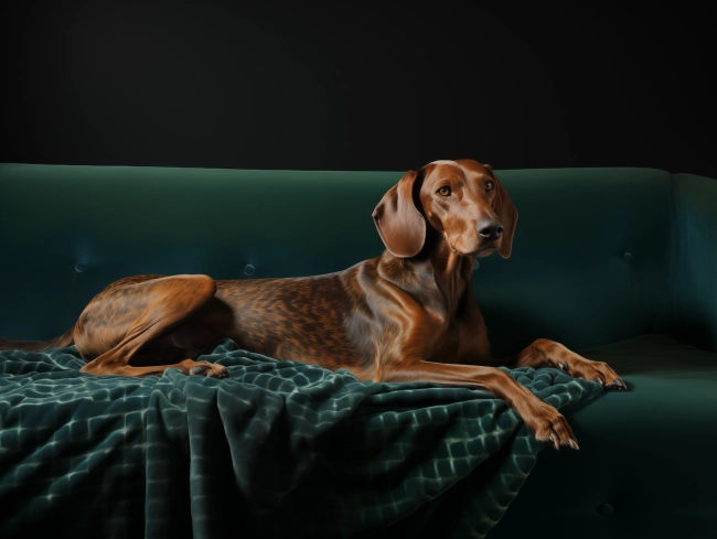 Vizsla dog is resting on a white