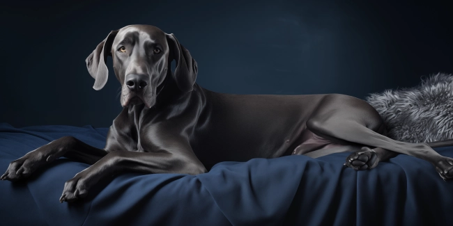 Purebred dog  is resting on a dark velvet sofa