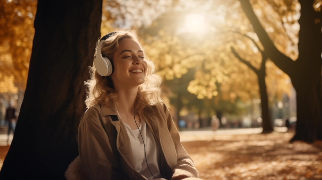 A young woman sitting under a tree in a park, enjoying the warm sunlight of autumn