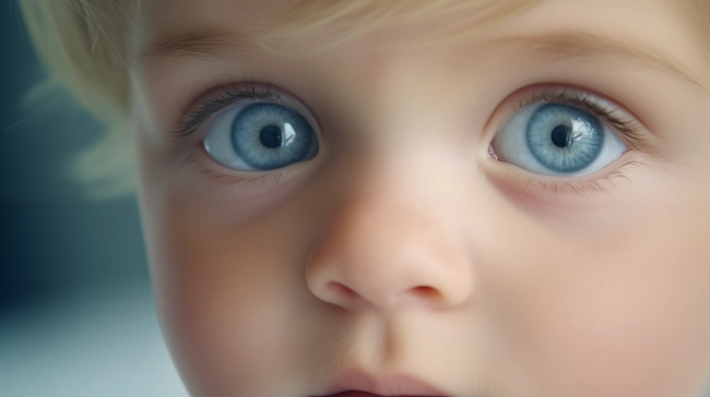 Close-up of a small baby's face  focusing on the big blue eyes