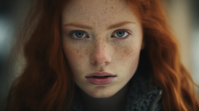 A close-up portrait of a young woman with bright ginger hair and freckles