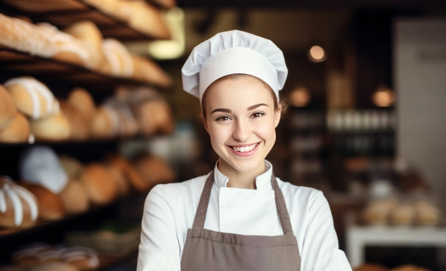 Happy young female baker standing at workplace on baking manufacture.