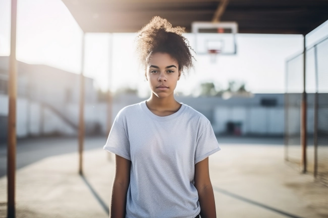 Young black female with afro hairstyle looking at camera while standing in basketball ground.