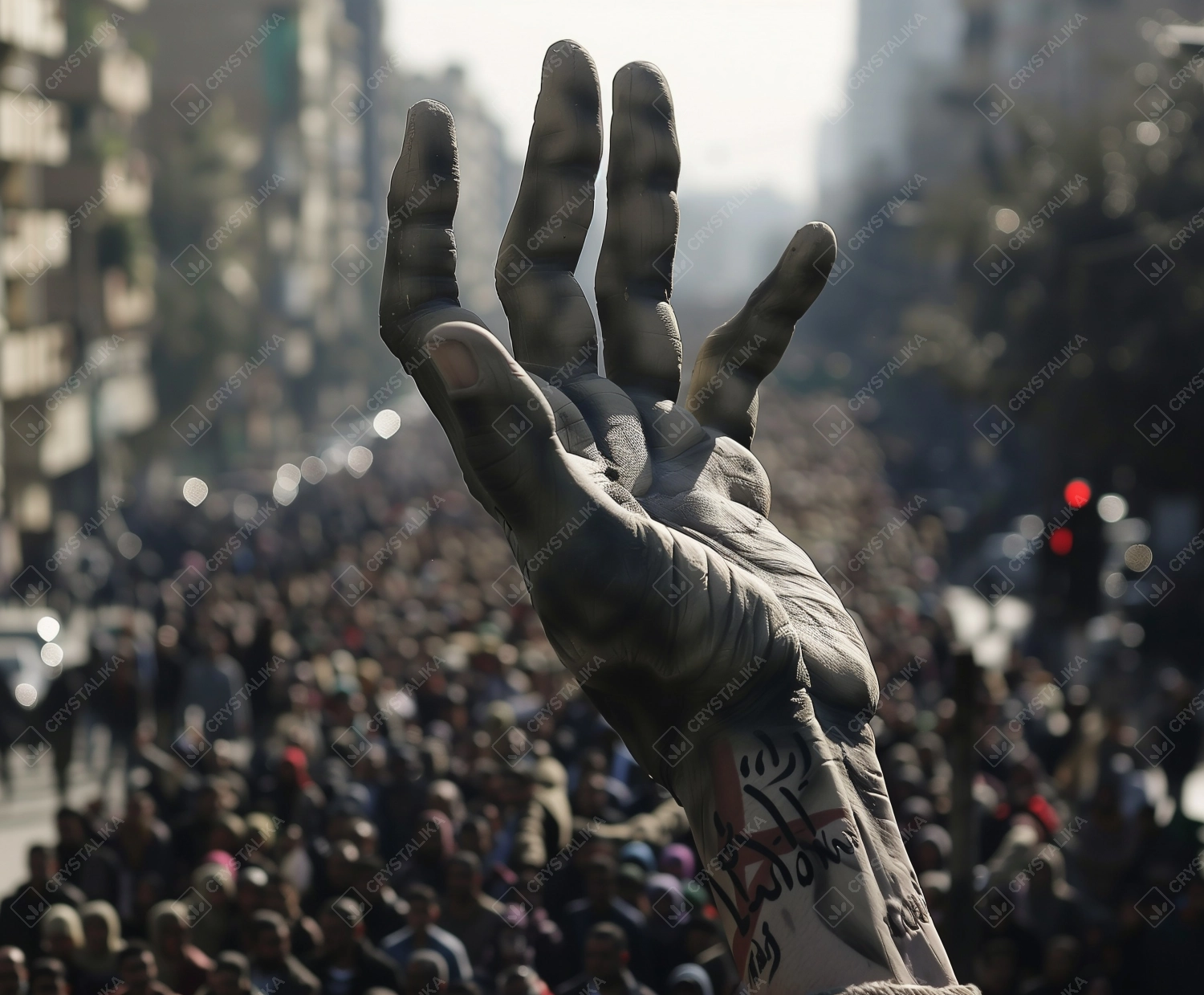 Palm of hand in front of crowd