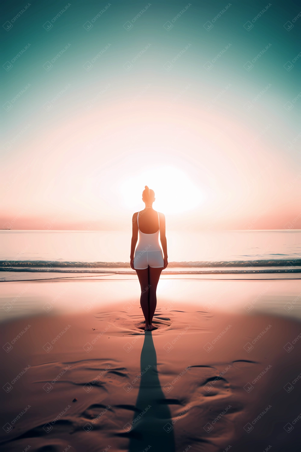 Young girl practising yoga on a beach during sunrise