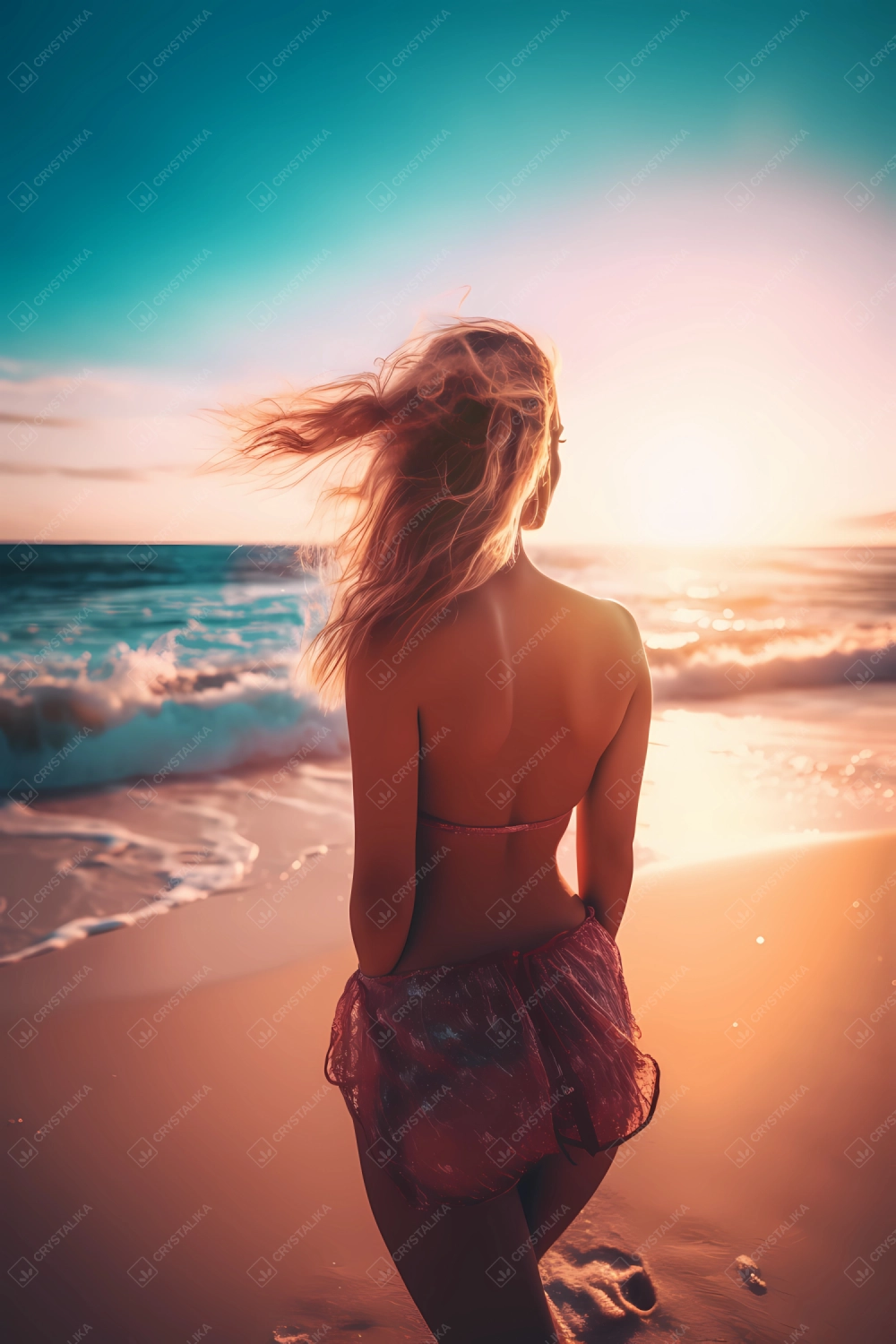 Attractive young girl walking on a beach during sunset