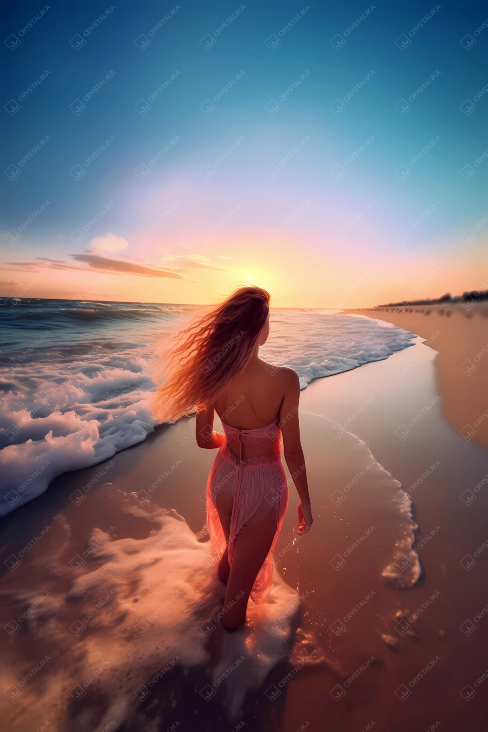 Attractive young girl walking on a beach during sunset