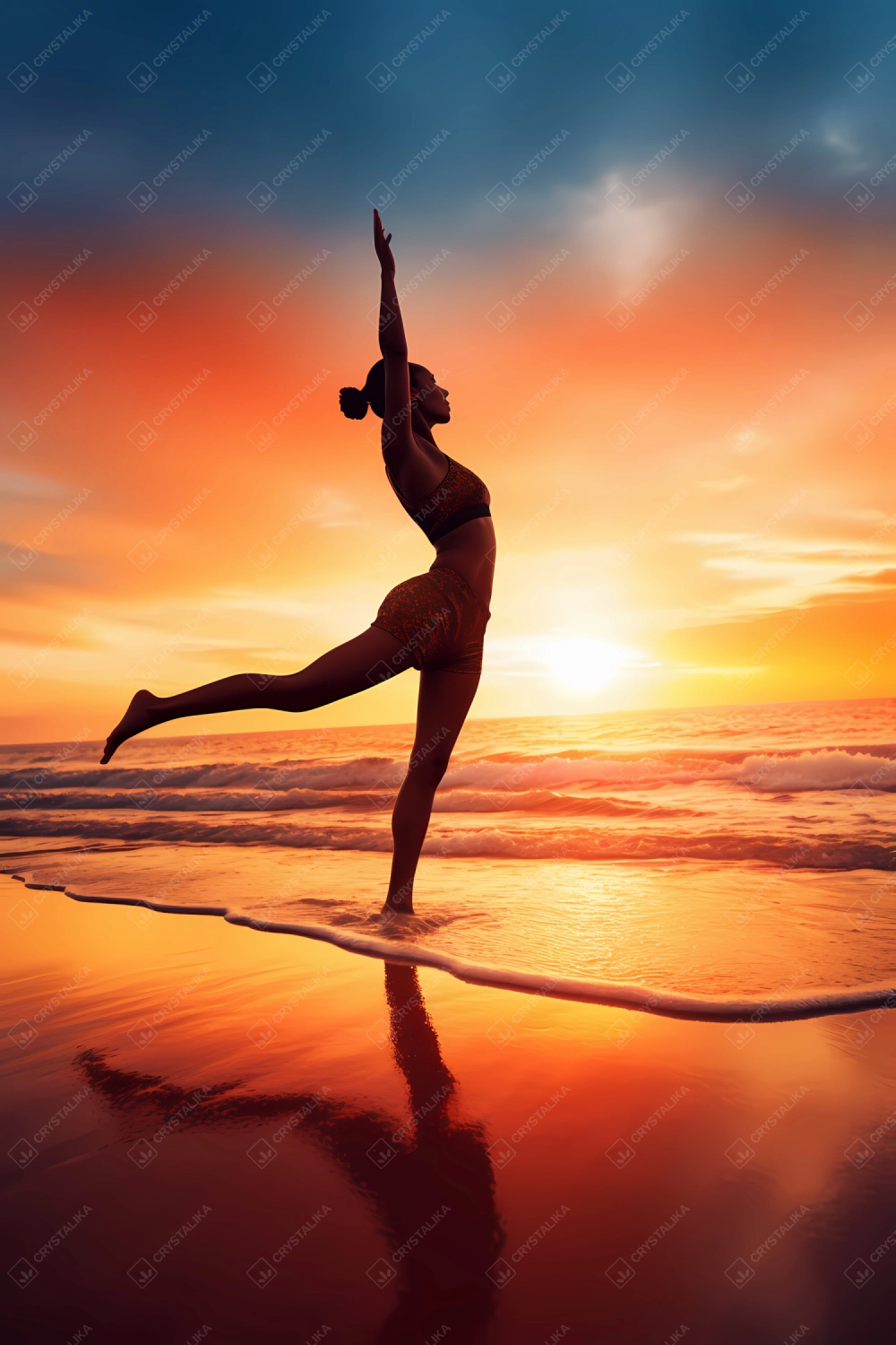 Young girl practising yoga on a beach during sunrise - Crystalika