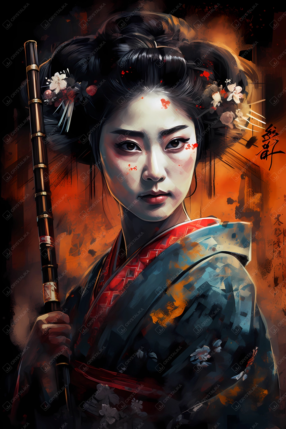 Portrait of a geisha holding a katana in watercolor painting