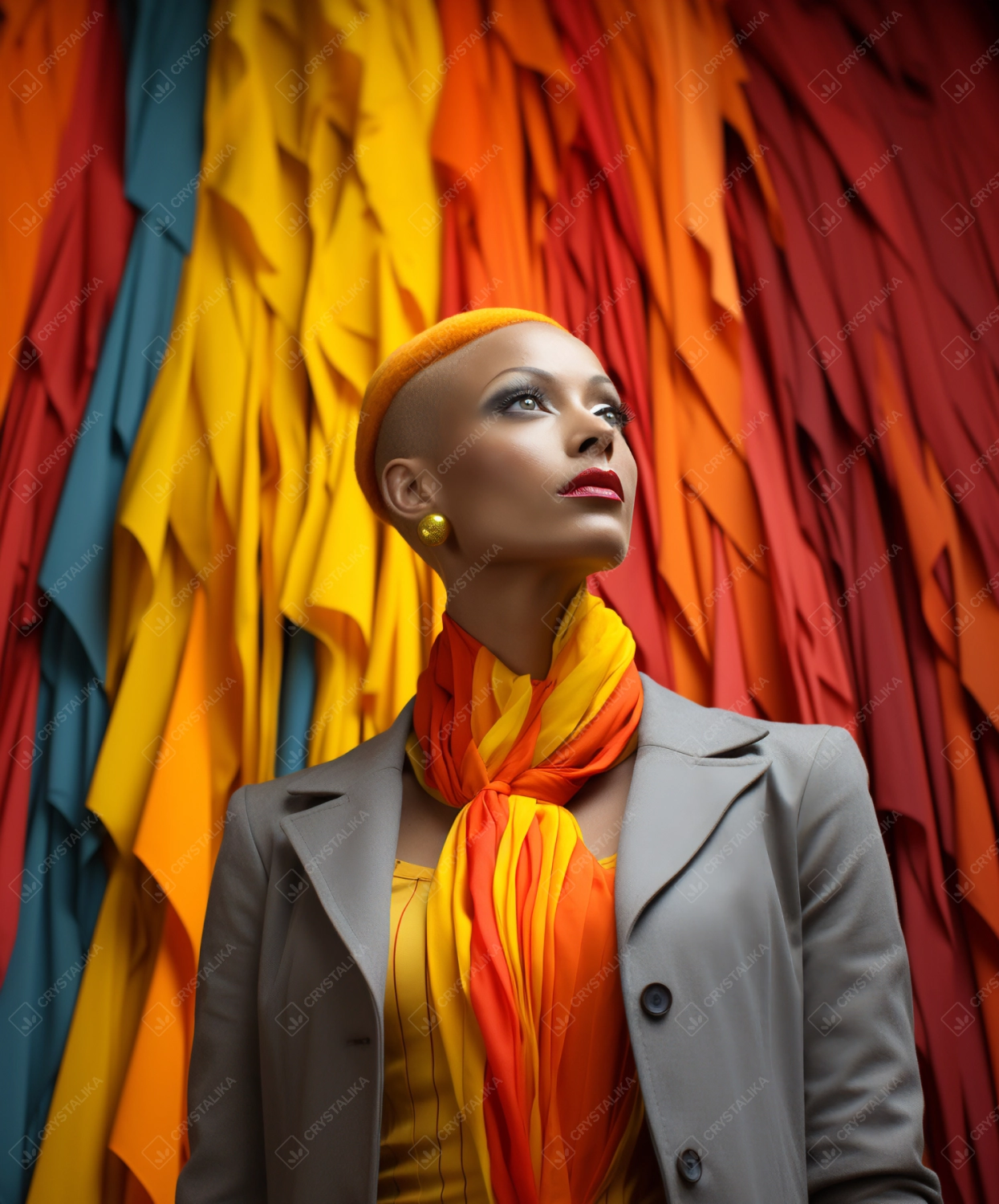 Fashion shot of a beautiful young woman with bright make-up and scarf.
