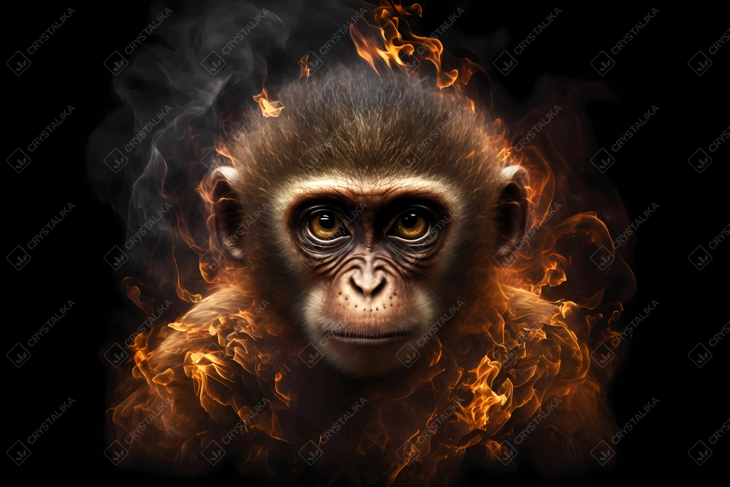 A portrait of a monkey made of fire and smoke