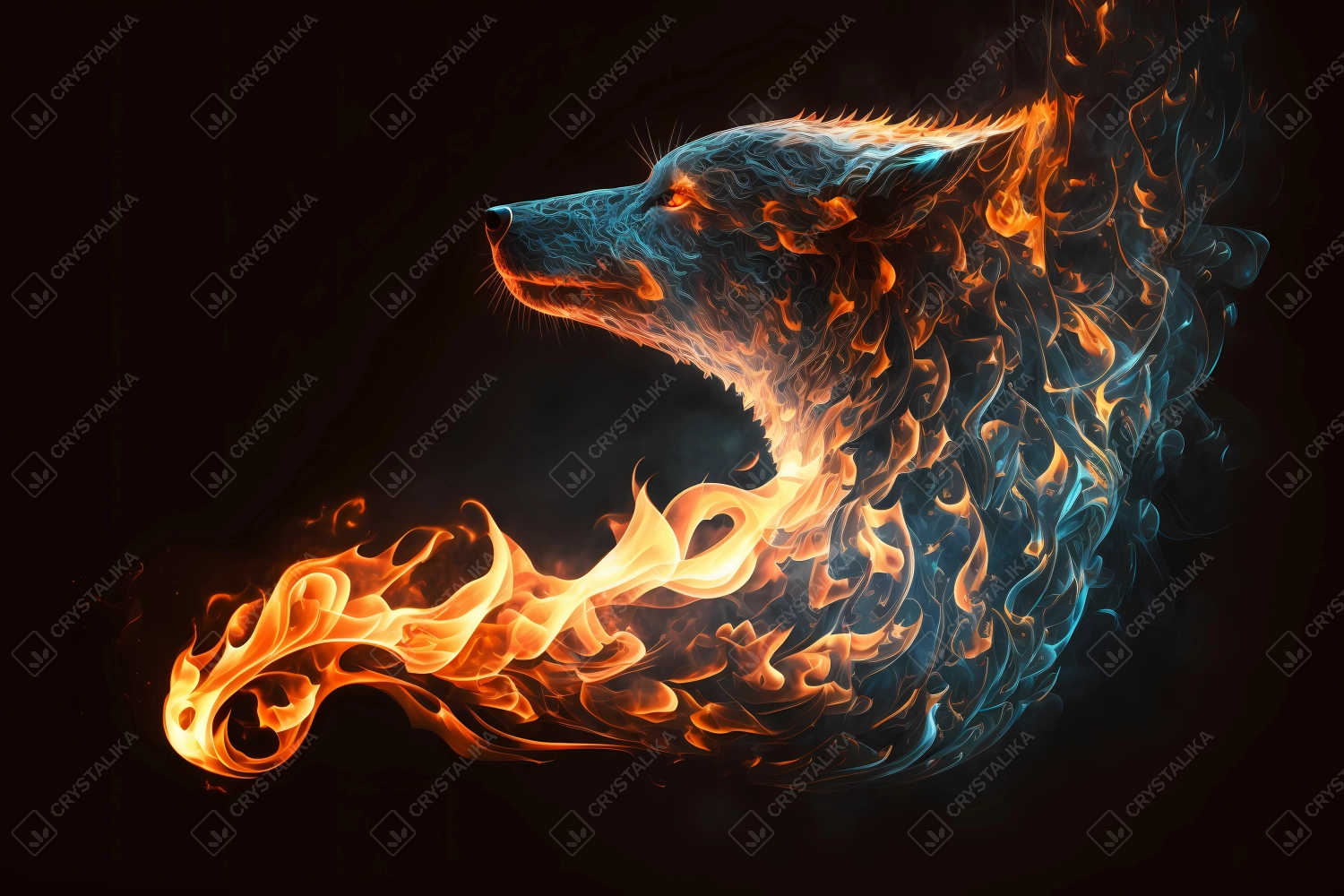 A portrait of a wolf made of fire and smoke