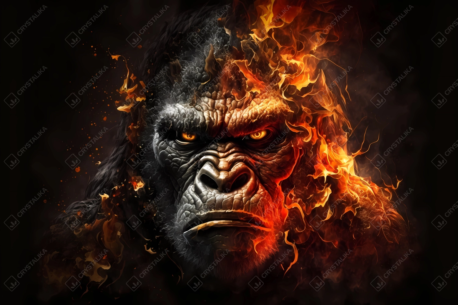 A portrait of a gorilla made of fire and smoke