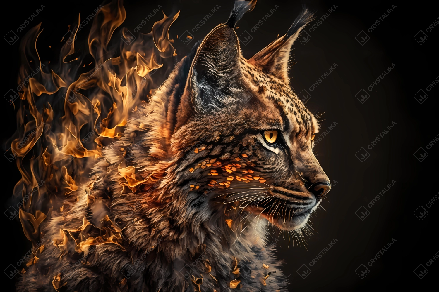 A portrait of a lynx made of fire and smoke