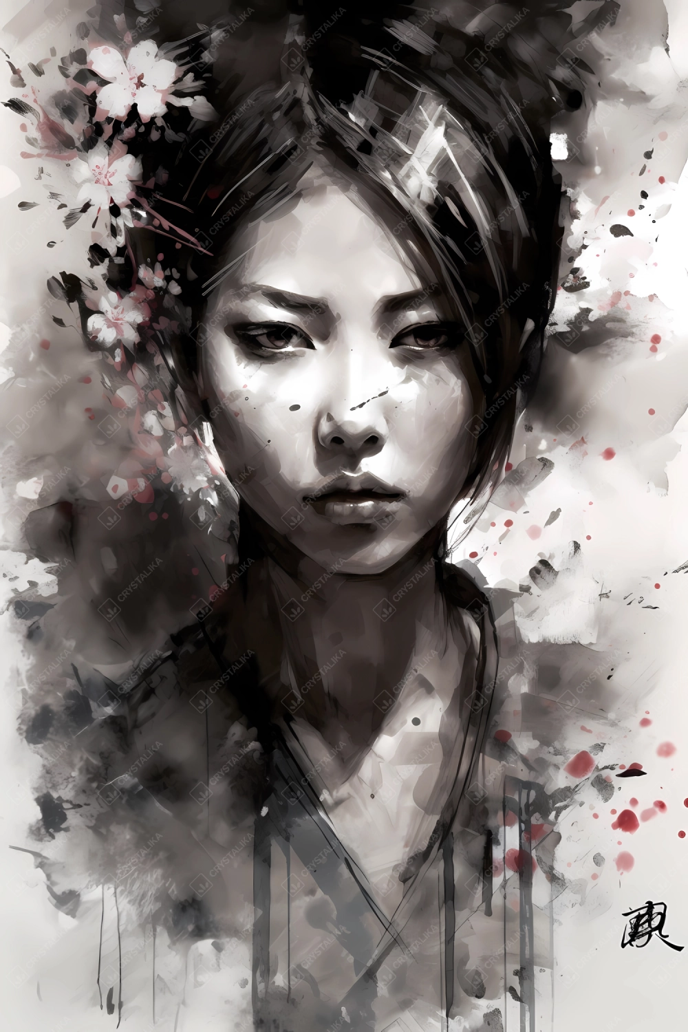 Portrait of a Japanese girl in watercolor painting