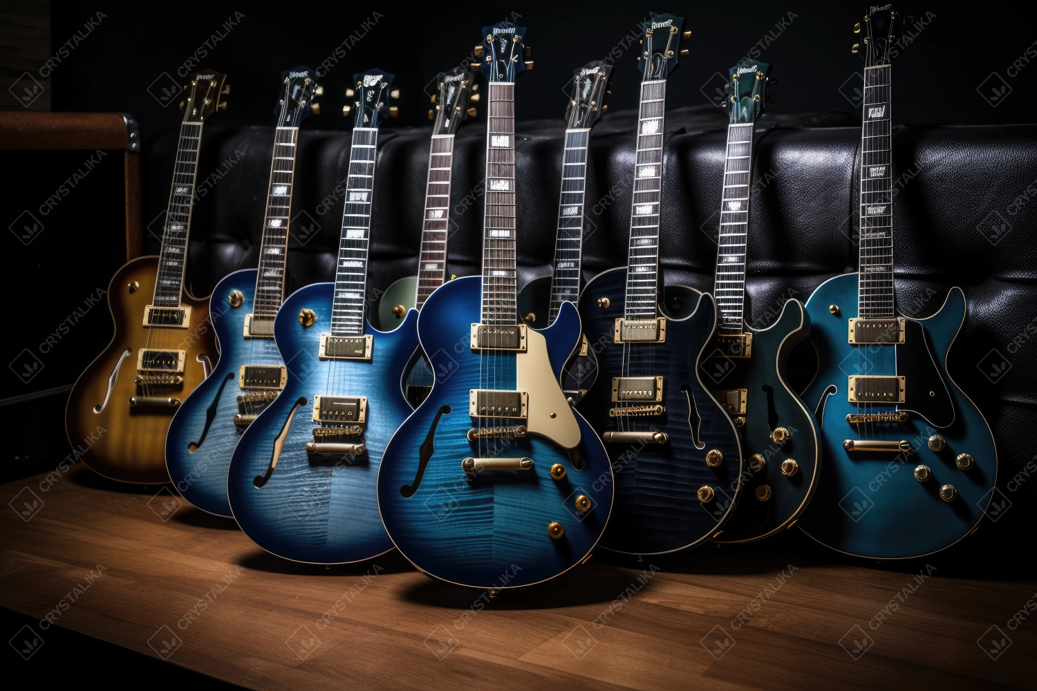 Bunch of blue electric guitars - background