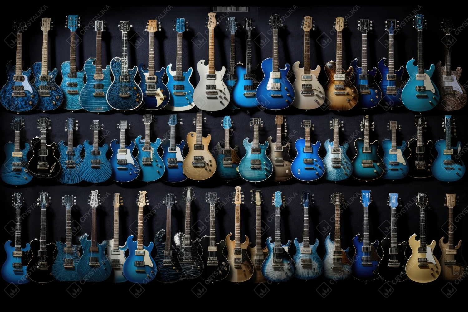 Bunch of blue electric guitars - background