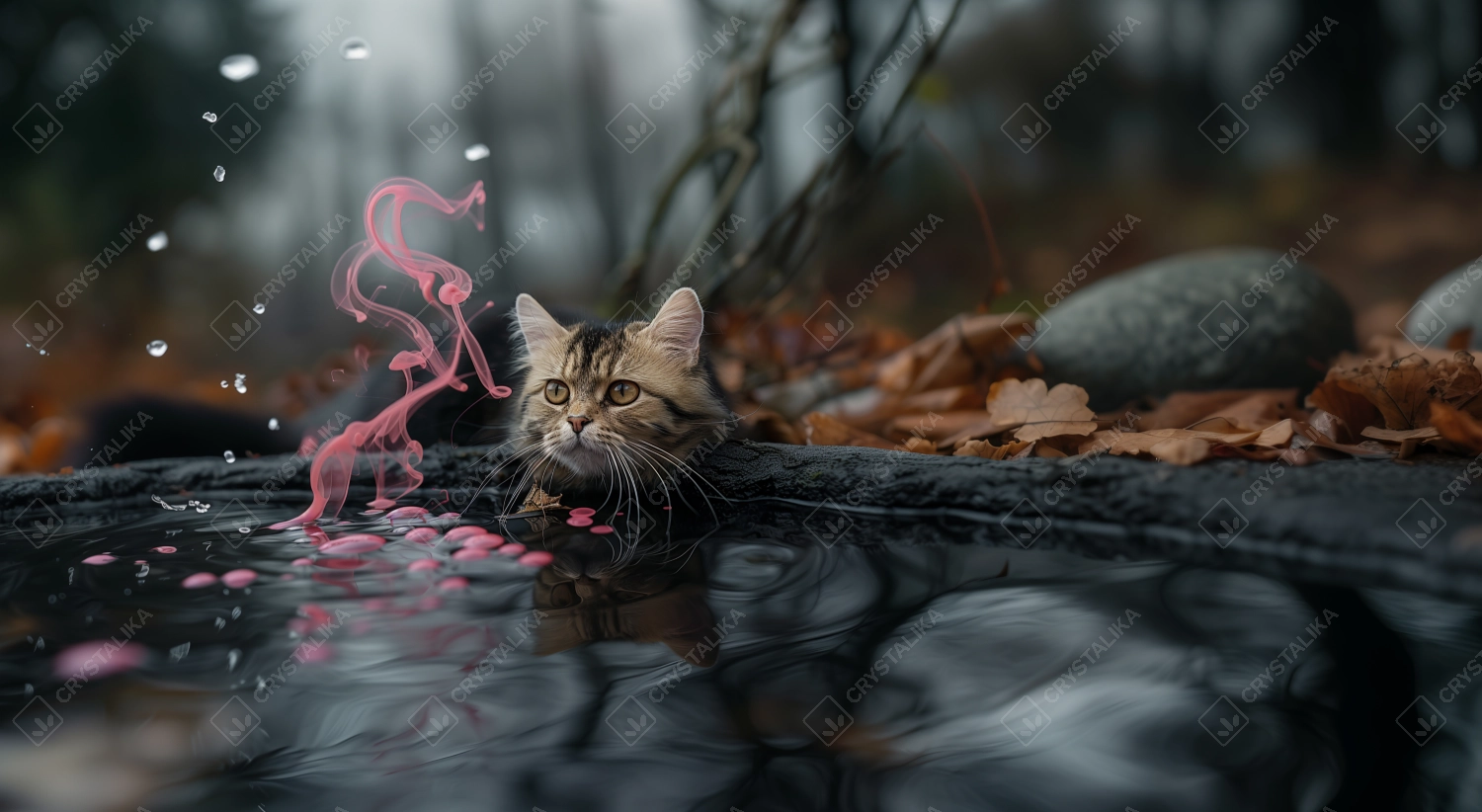 Kitten looking at pink smoke