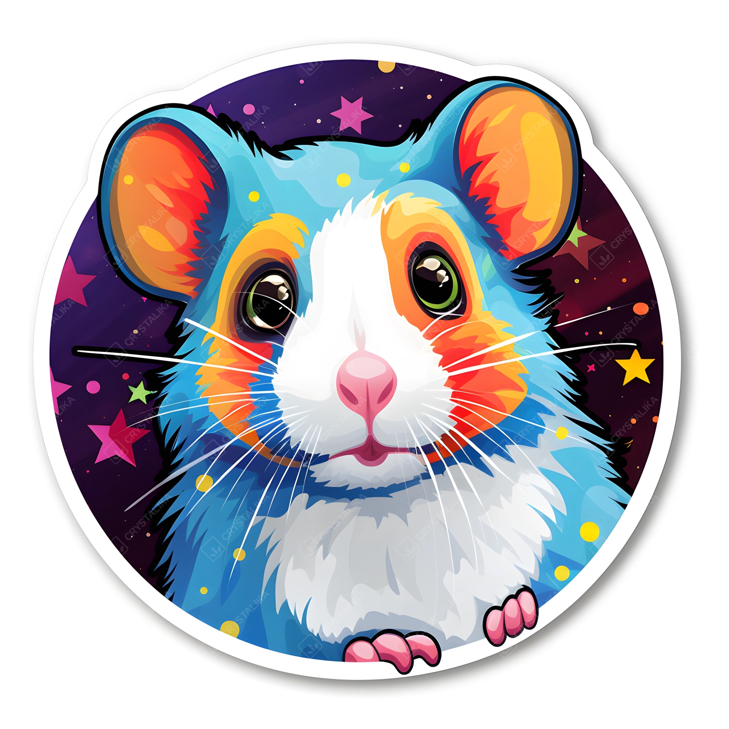 Eccentric Hamster Delight in Round Die-Cut StickerTransform the style with eccentric hamster die-cut sticker, round-shaped, adorned with playful star-shaped accents