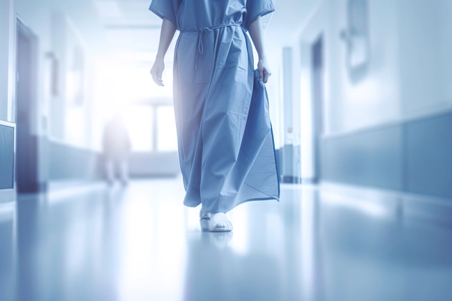 Happy Woman Walking in Hospital Corridor