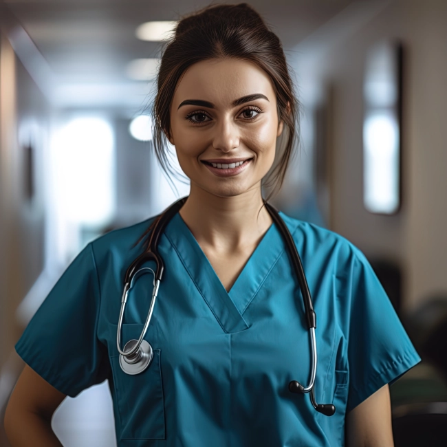 Smiling Healthcare Professional in Scrubs with Stethoscope