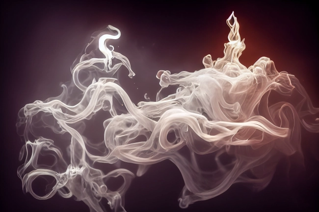 White curve fog, smoke, clouds, fire and dark background with spotlight