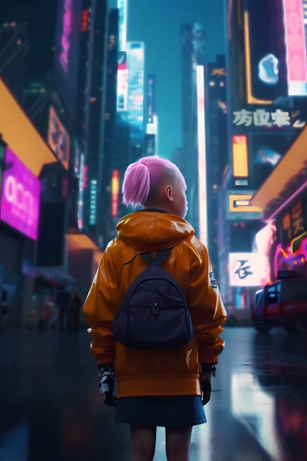 Little girl lost in the futuristic city