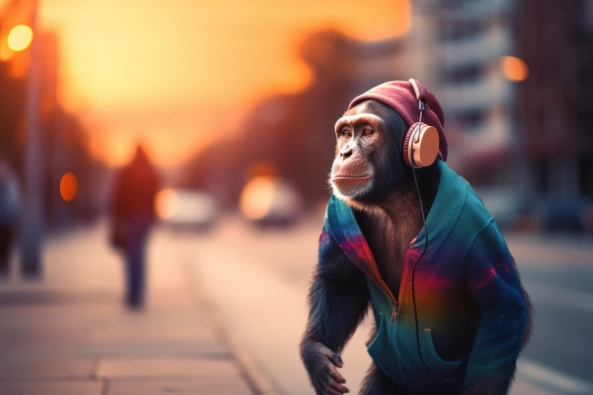 Stylish chimpanzee with headphones listening to music