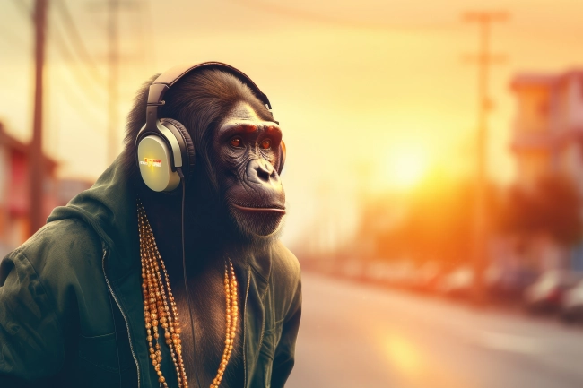 Stylish chimpanzee with headphones listening to music