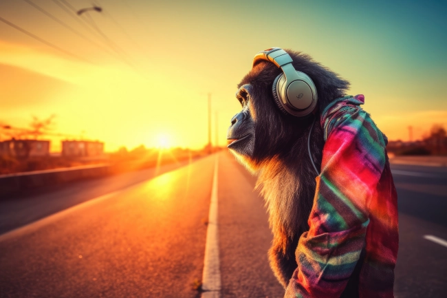 Stylish chimpanzee with headphones listening to music