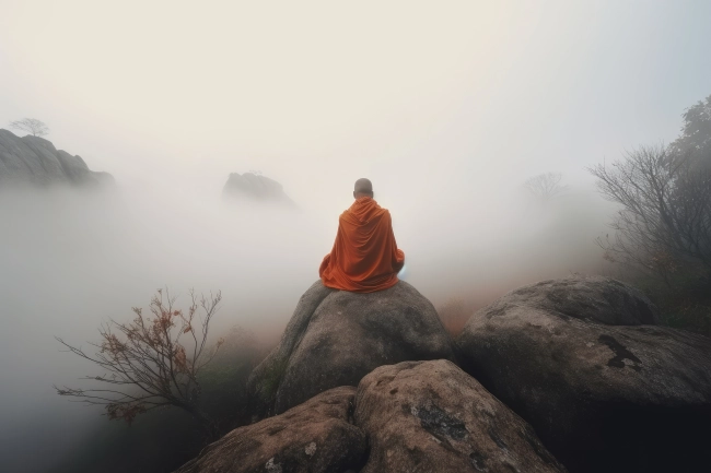 Tibetian monk meditating on top of the mountain