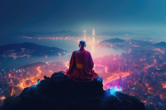 Futuristic Buddhist monk with magical powers meditating