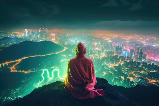 Futuristic Buddhist monk with magical powers meditating