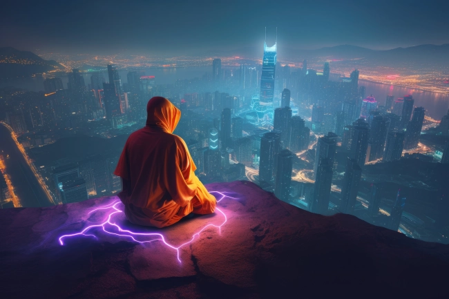 Futuristic Buddhist monk with magical powers meditating