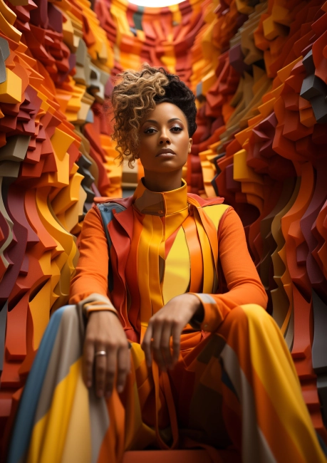 Fashionable african american woman in orange costume posing in futuristic interior.