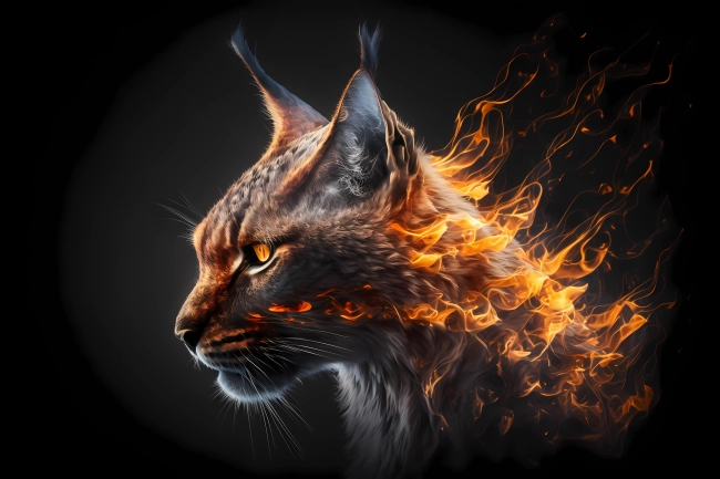 A portrait of a lynx made of fire and smoke