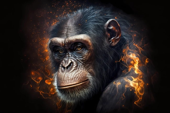 A portrait of a chimpanzee made of fire and smoke