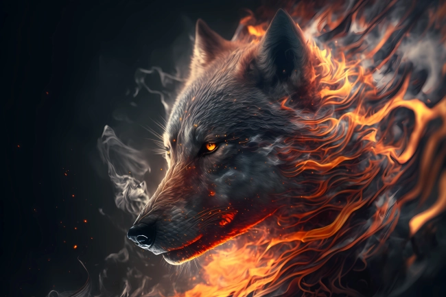 A portrait of a wolf made of fire and smoke